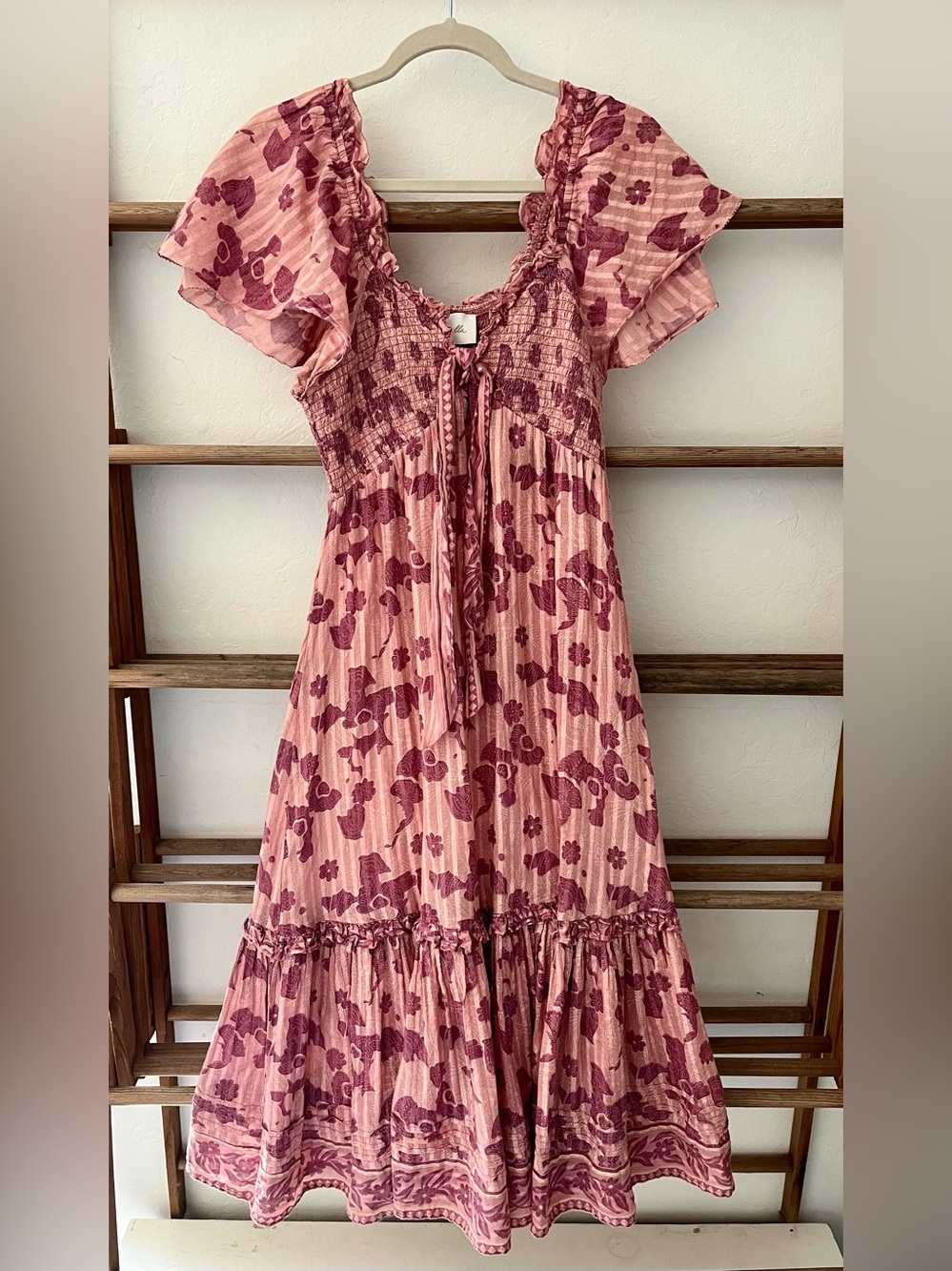 Cleobella Ashlyn Midi Dress Rose Pink Batik Block Print Boho Smocked Flutter